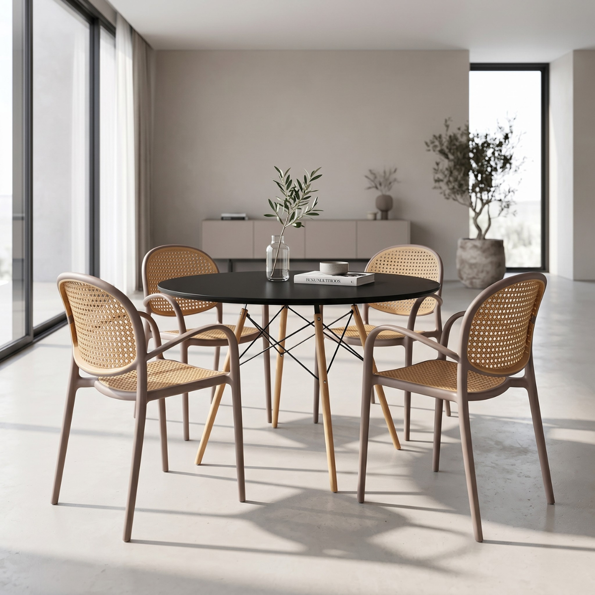 conjunto mesa de jantar redonda eiffel preta com 4 cadeiras roma com braco marrom claro ambiente magazine decor