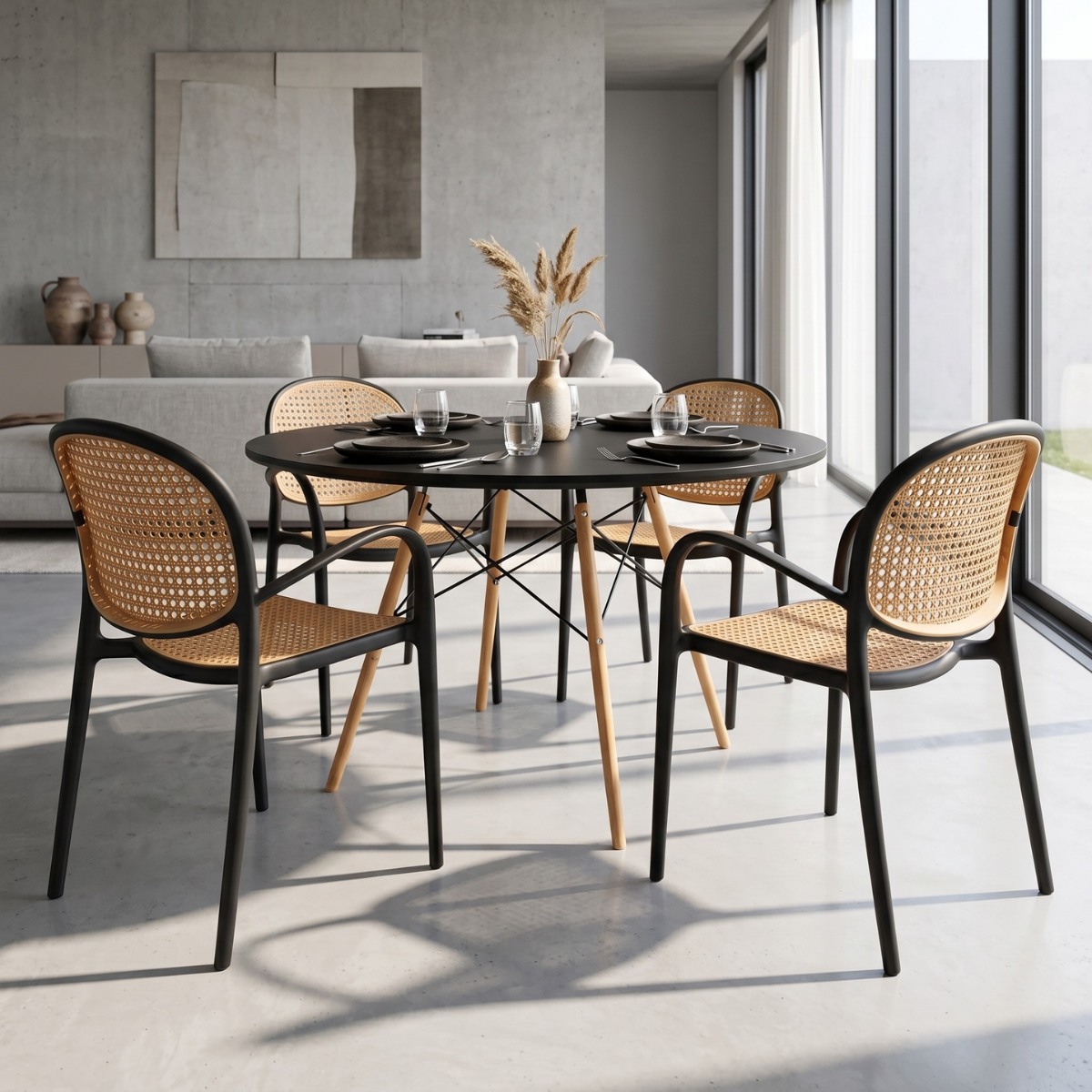 conjunto mesa de jantar redonda eiffel preta com 4 cadeiras roma com braco preto ambiente magazine decor