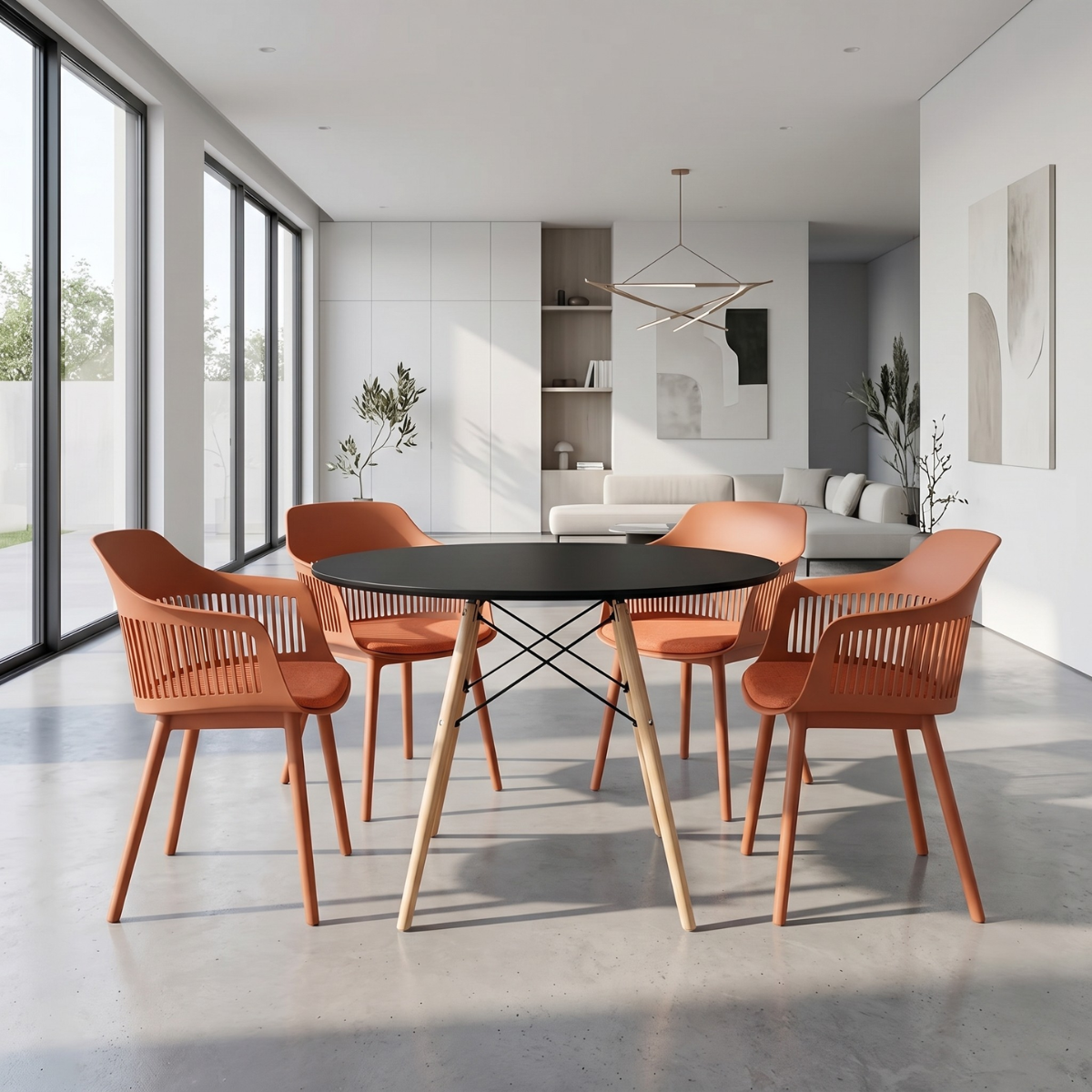 conjunto mesa de jantar redonda eiffel preta 120cm com 4 cadeiras marcela marrom ambiente magazine decor