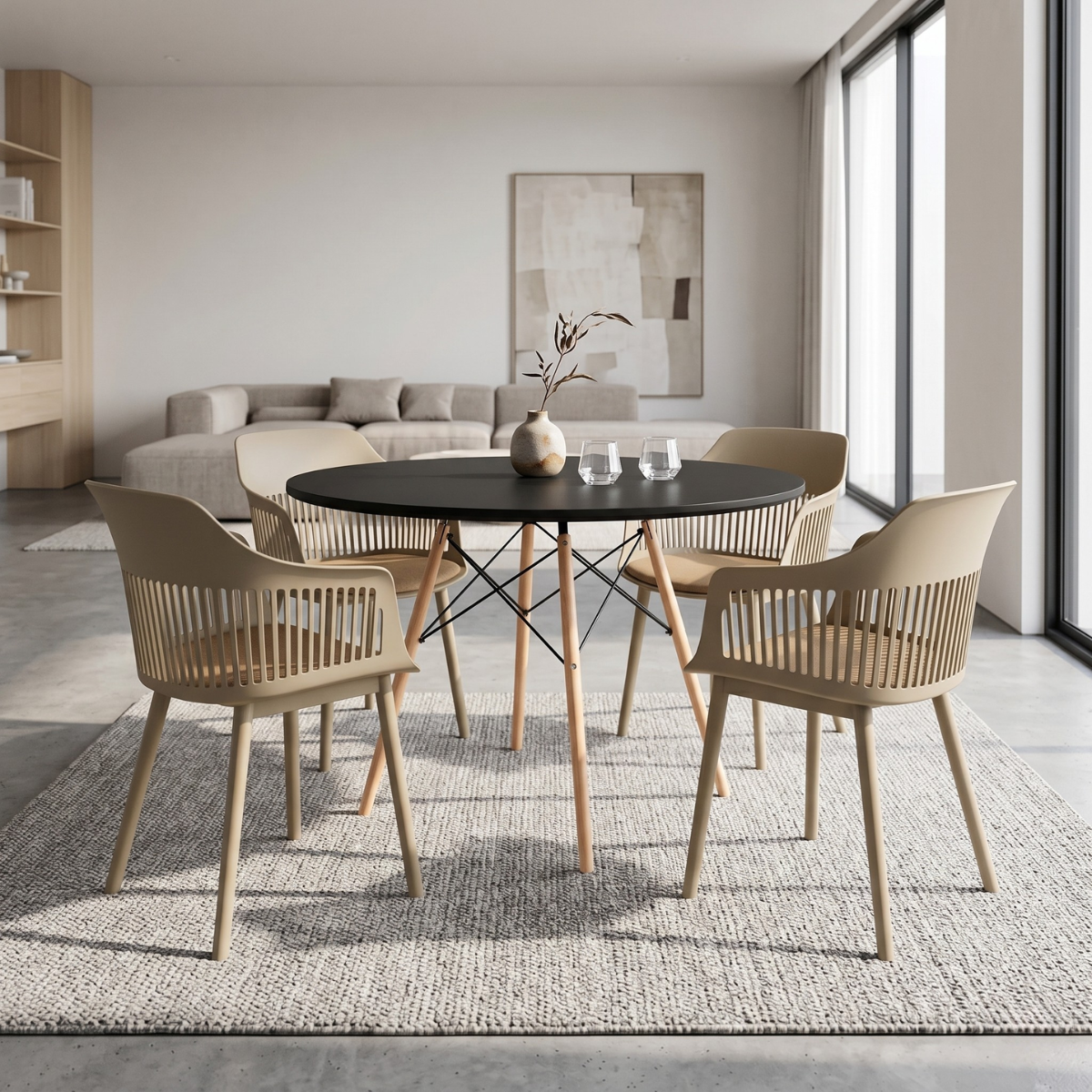 conjunto mesa de jantar redonda eiffel preta 120cm com 4 cadeiras marcela nude escuro ambiente magazine decor