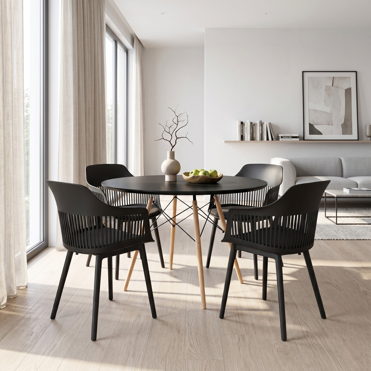 conjunto mesa de jantar redonda eiffel preta 120cm com 4 cadeiras marcela preto escuro ambiente magazine decor