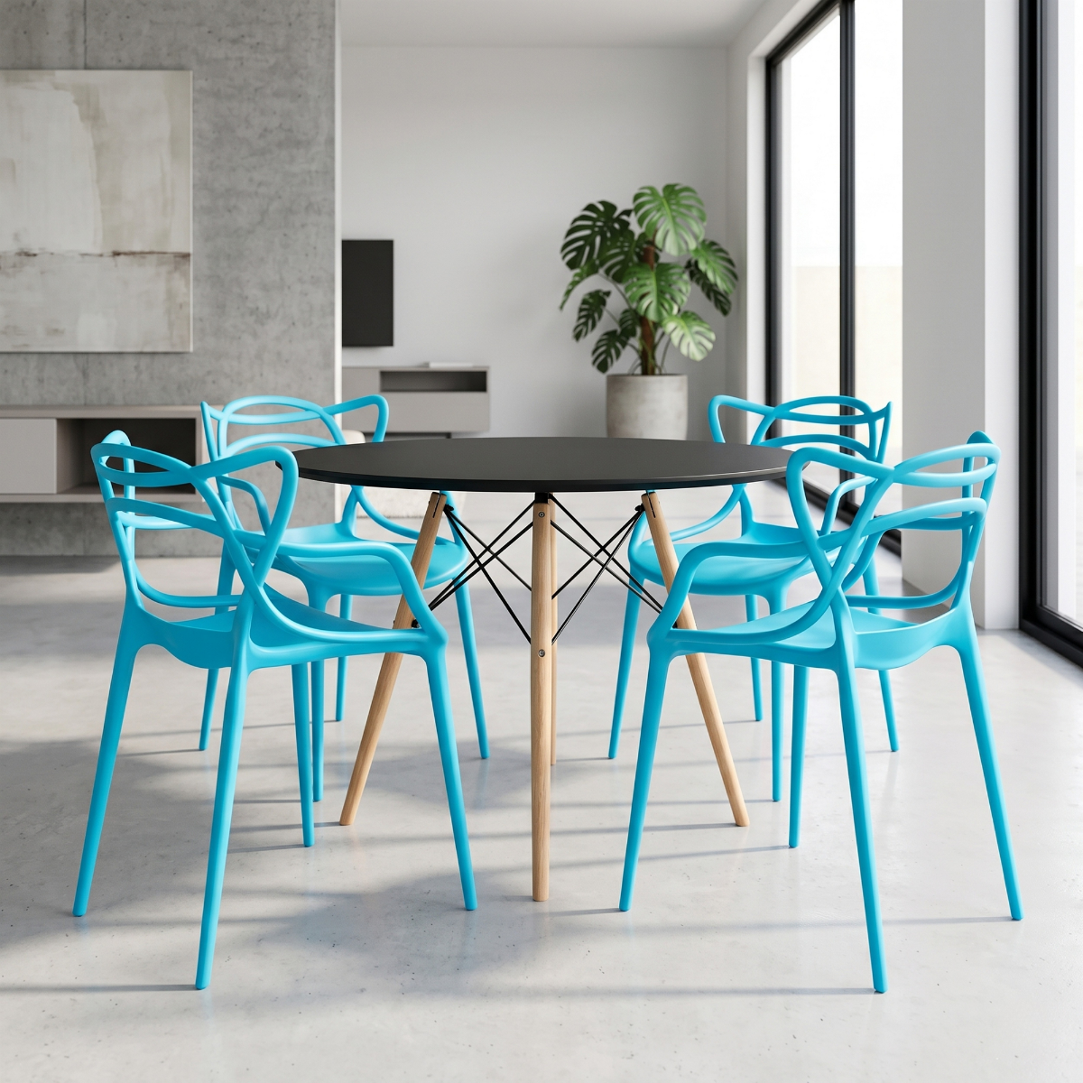 conjunto mesa de jantar redonda eiffel preta 120cm com 4 cadeiras allegra azul magazine decor