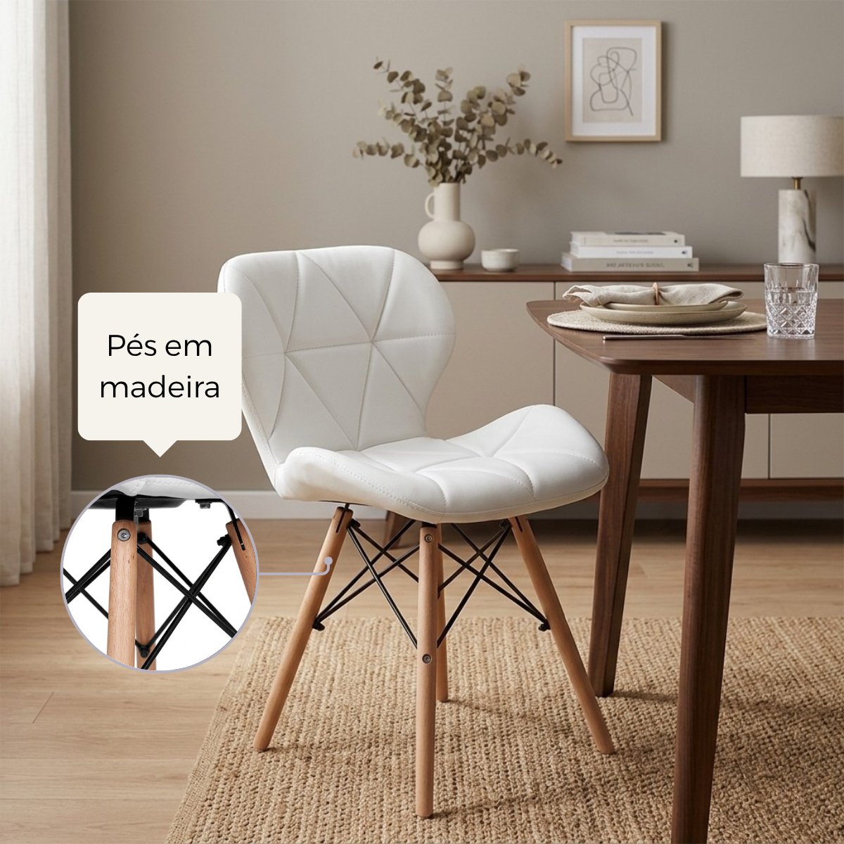 Cadeira Charles Eames Eiffel Slim Wood Estofada - Branca