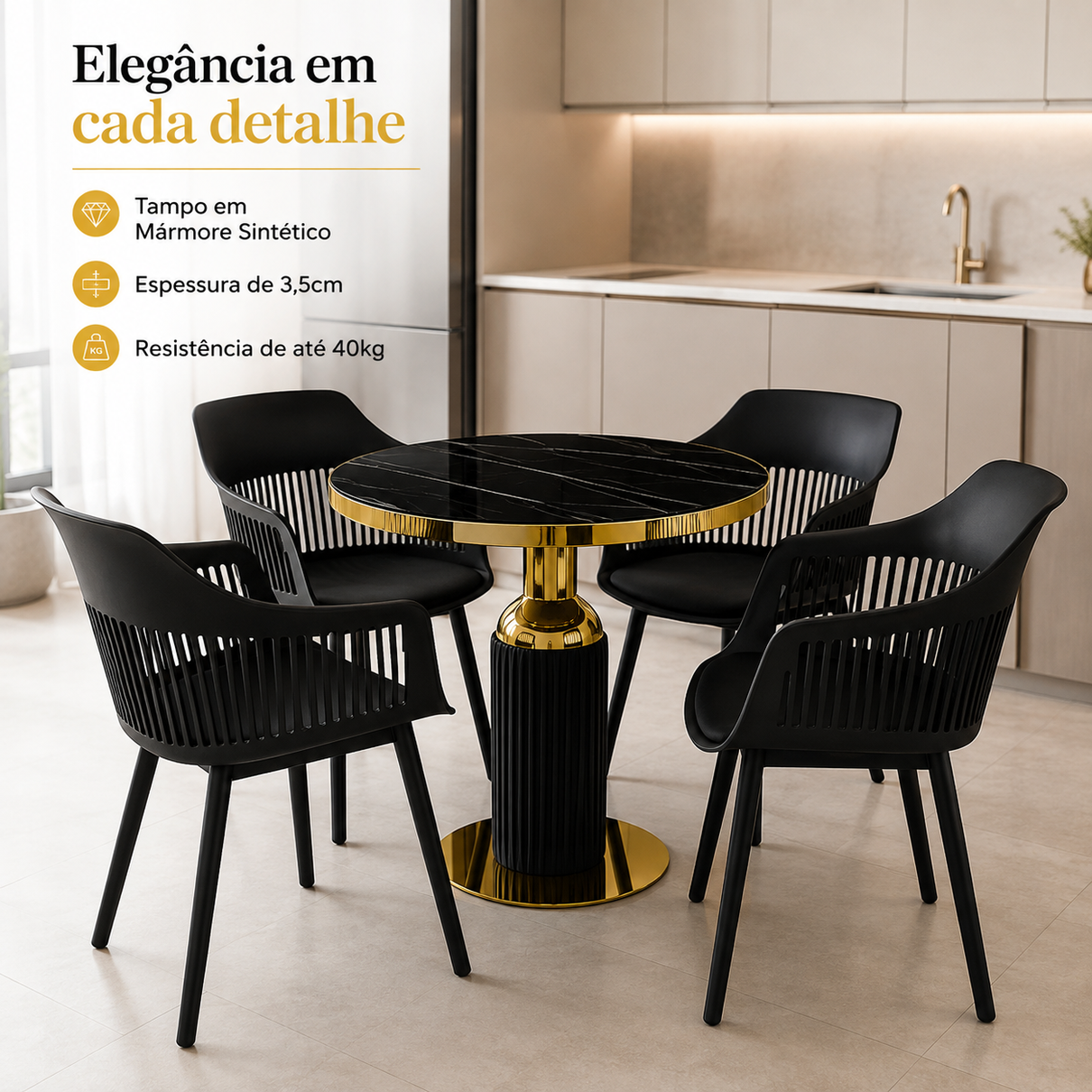 conjunto mesa de jantar redonda imperial 70cm preta com 4 cadeiras estofadas marcela preto magazine decor 2