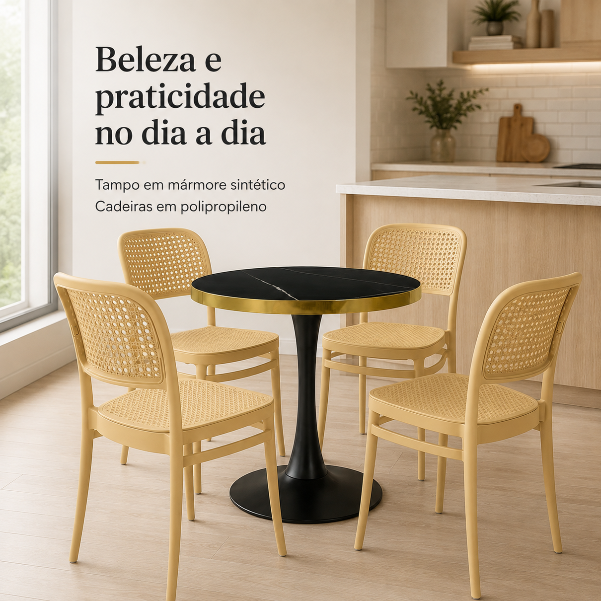 conjunto mesa de jantar redonda majestic 70cm preta com 4 cadeiras roma nude magazine decor 3