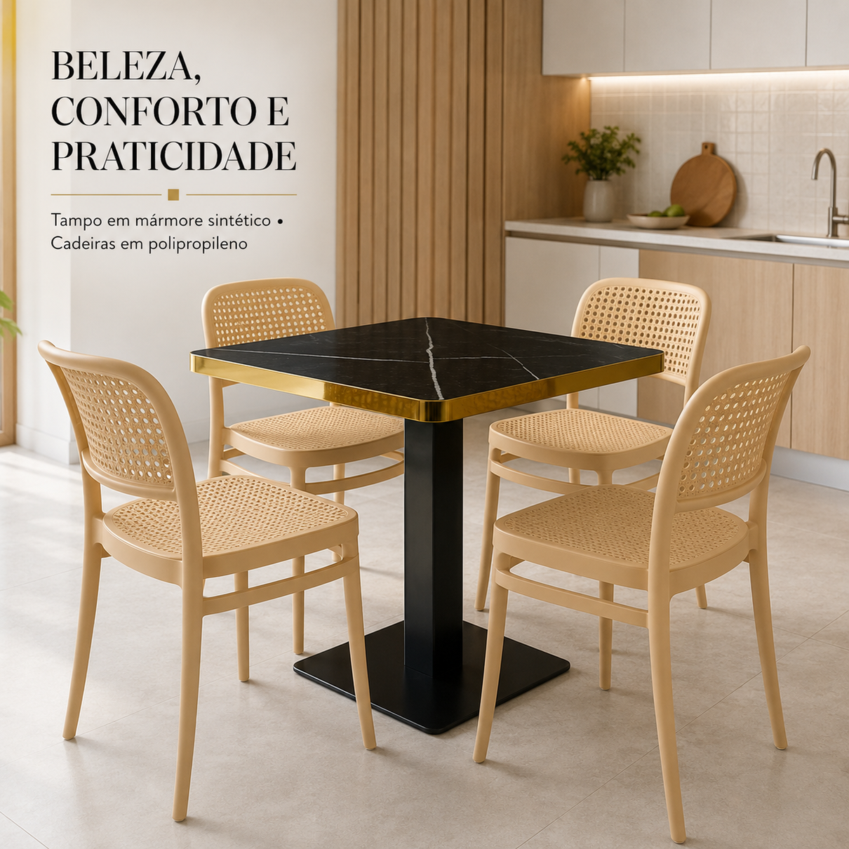 conjunto mesa de jantar quadrada venezia 70x70cm preta com 4 cadeiras roma nude magazine decor 2