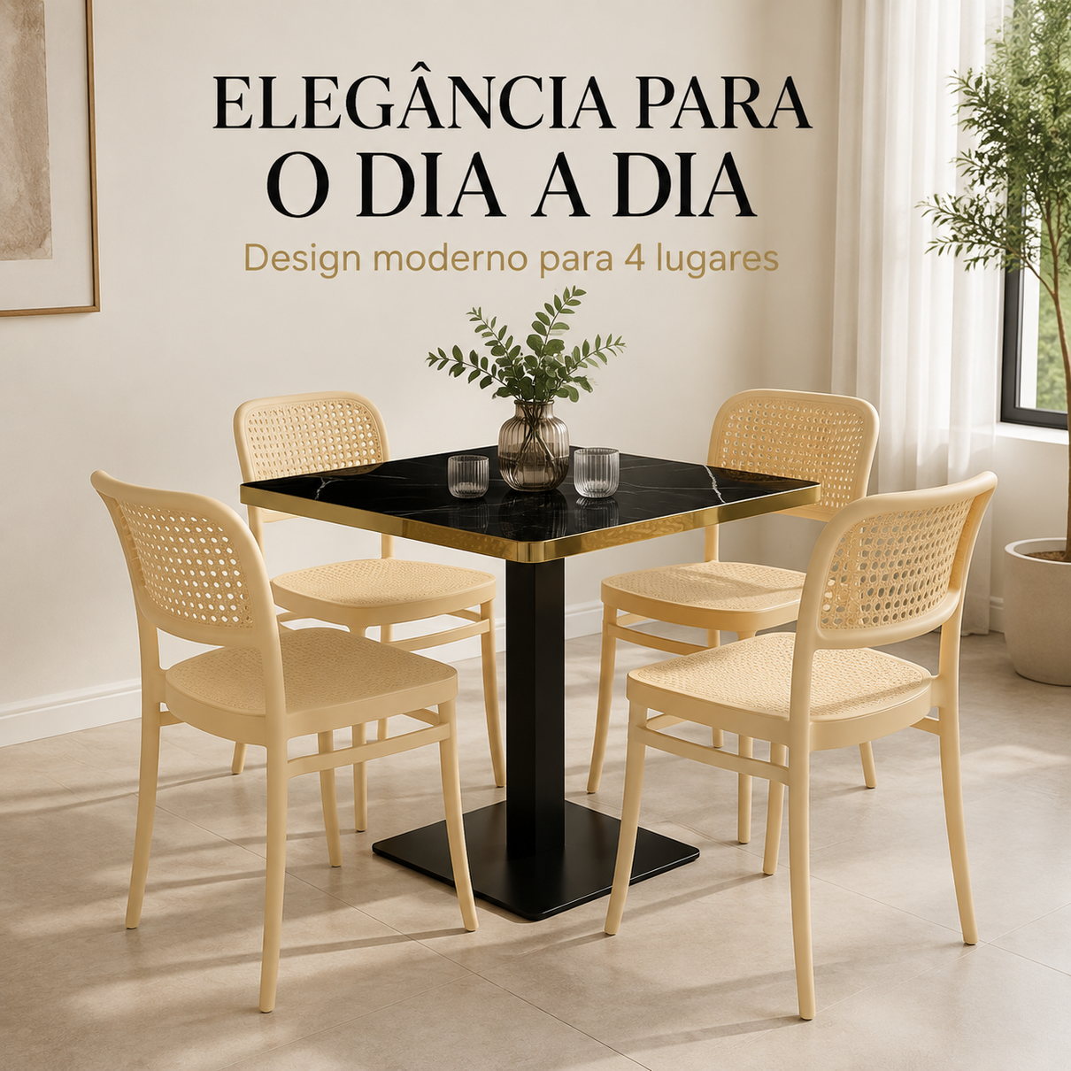 conjunto mesa de jantar quadrada venezia 70x70cm preta com 4 cadeiras roma nude magazine decor 1