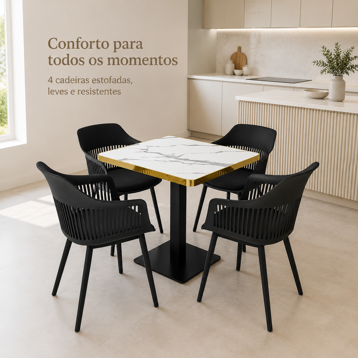 conjunto mesa de jantar quadrada venezia 70x70cm branca com 4 cadeiras estofadas marcela preto magazine decor 1