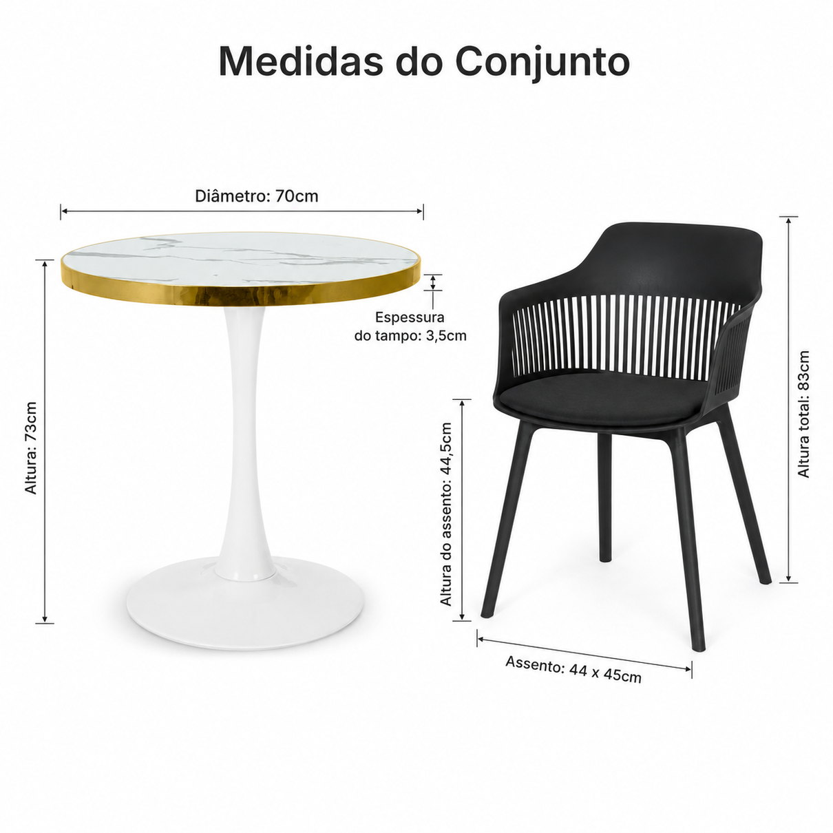 conjunto mesa de jantar redonda majestic 70cm branca com 4 cadeiras estofadas marcela preto mgazine decor 1