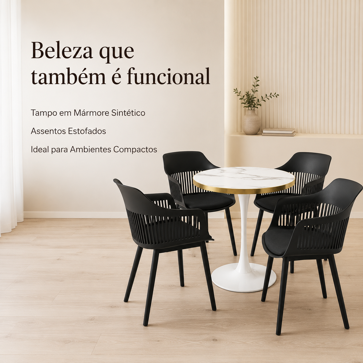 conjunto mesa de jantar redonda majestic 70cm branca com 4 cadeiras estofadas marcela preto mgazine decor 3