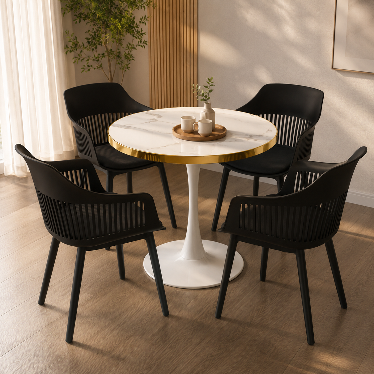 conjunto mesa de jantar redonda majestic 70cm branca com 4 cadeiras estofadas marcela preto mgazine decor 4