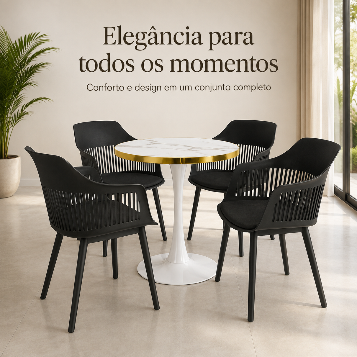 conjunto mesa de jantar redonda majestic 70cm branca com 4 cadeiras estofadas marcela preto mgazine decor 2