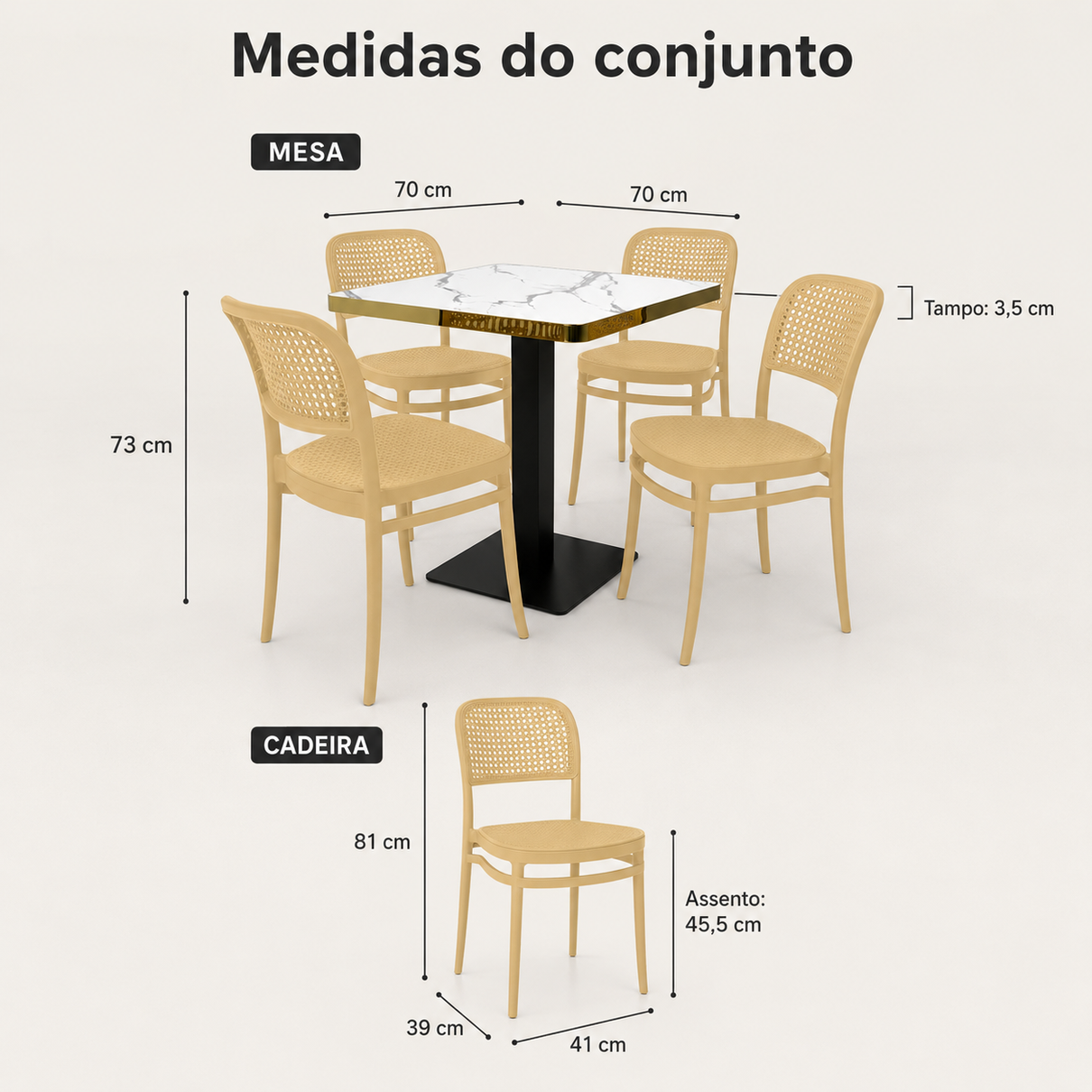 conjunto mesa de jantar quadrada venezia 70x70cm branca com 4 cadeiras roma nude magazine decor 3