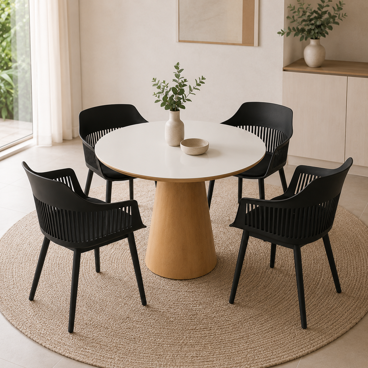 14 conjunto mesa de jantar redonda quiara 100cm branco com 4 cadeiras marcela nude escuro