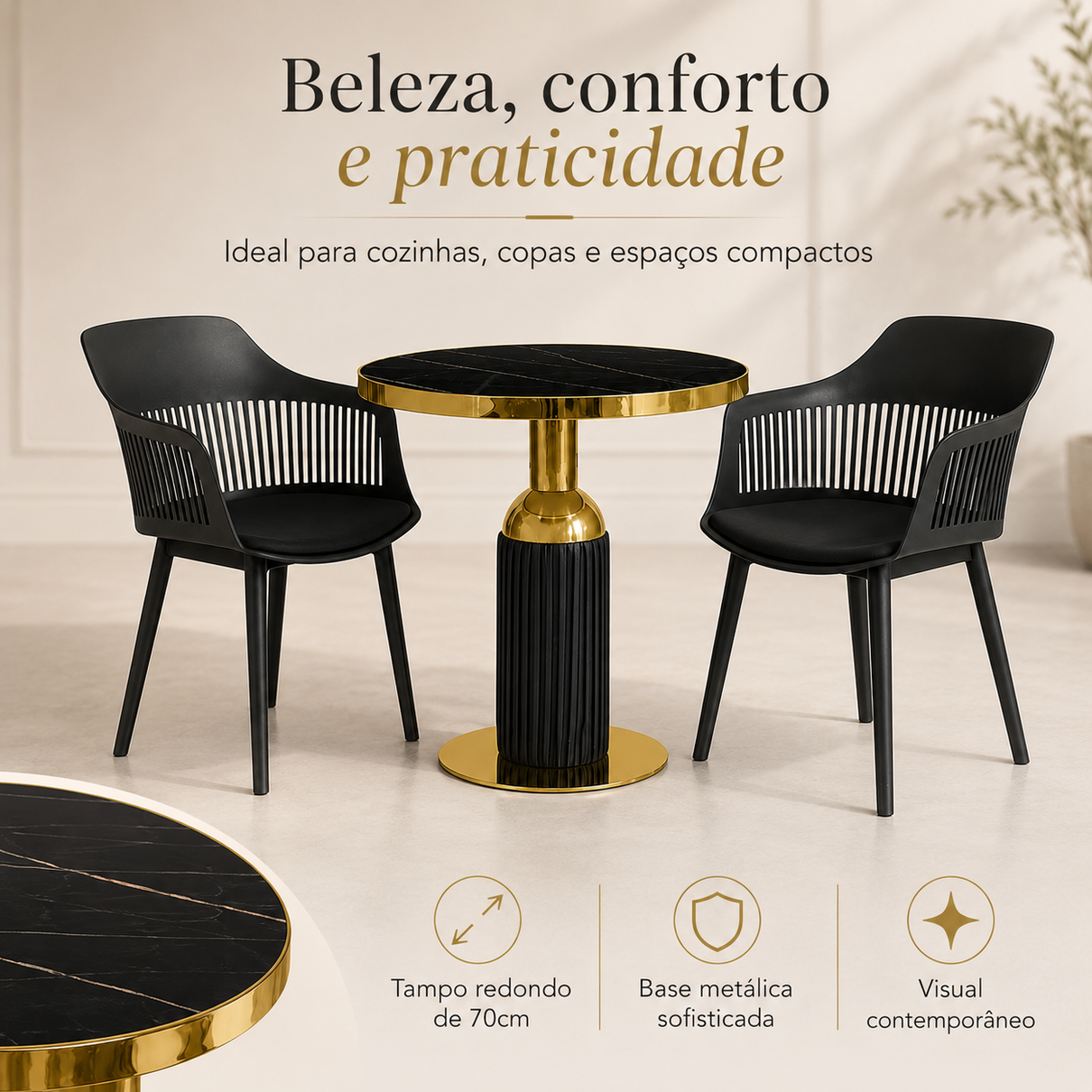 conjunto mesa de jantar redonda imperial 70cm preta com 2 cadeiras estofadas marcela preto magazine decor 4