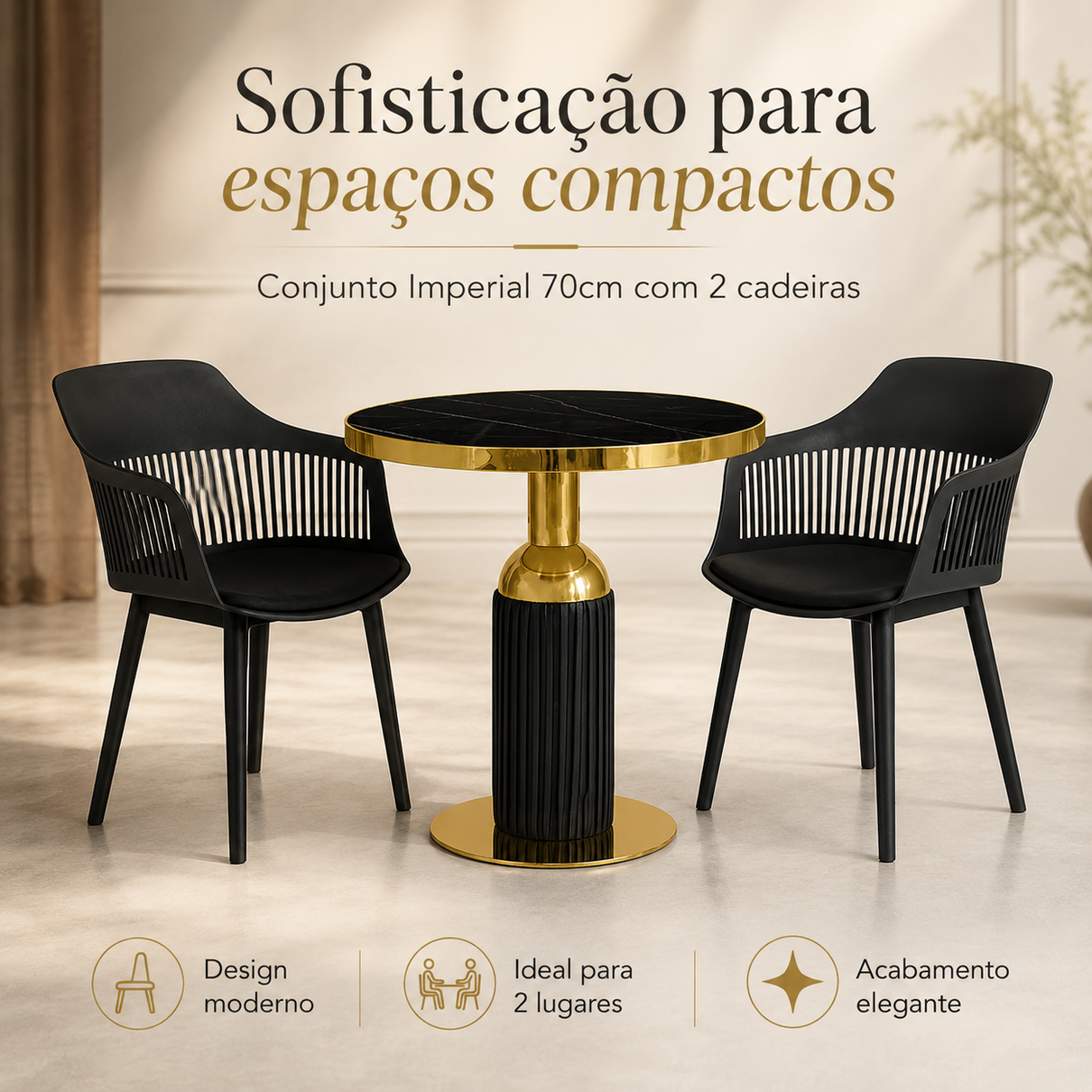 conjunto mesa de jantar redonda imperial 70cm preta com 2 cadeiras estofadas marcela preto magazine decor 1