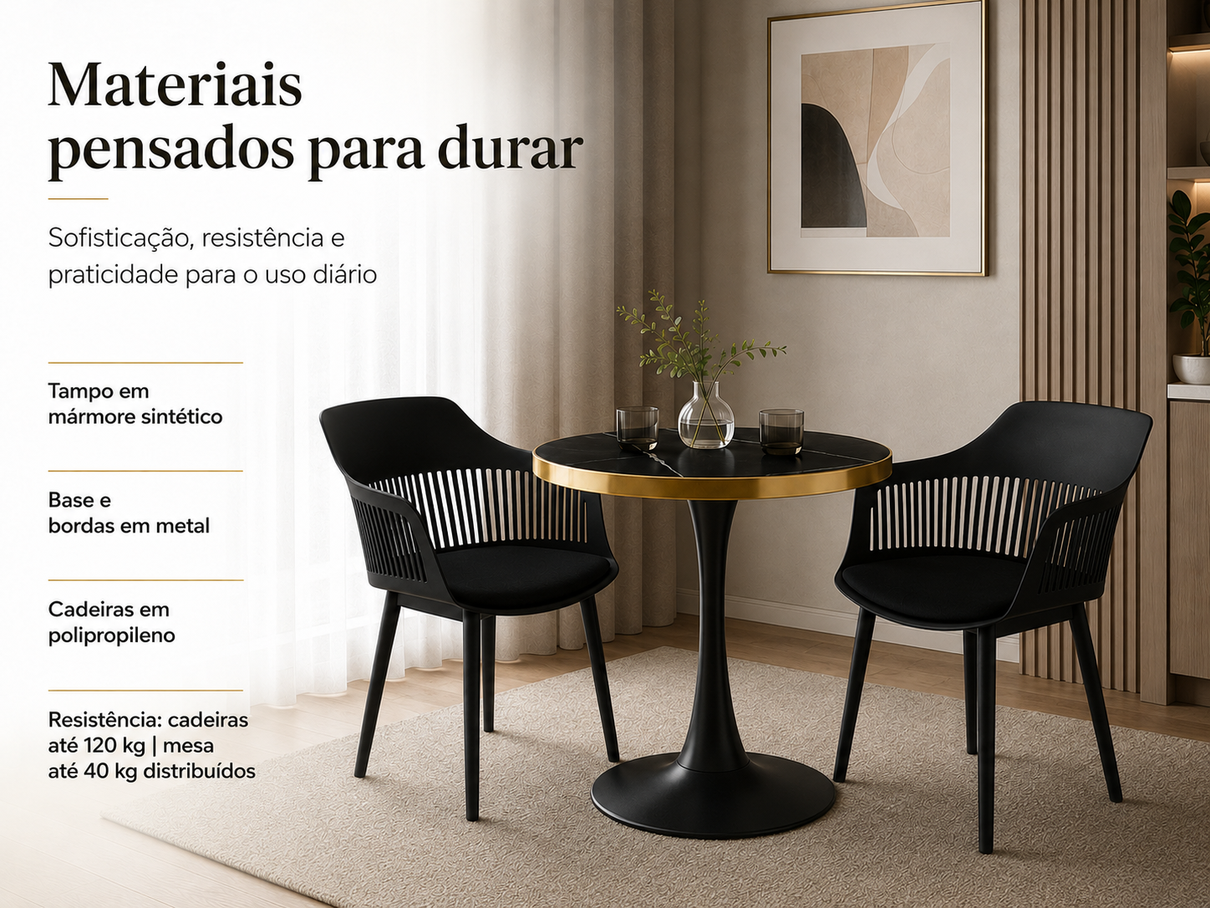 conjunto mesa de jantar redonda majestic 70cm preta com 2 cadeiras estofadas marcela preto magazine decor 2