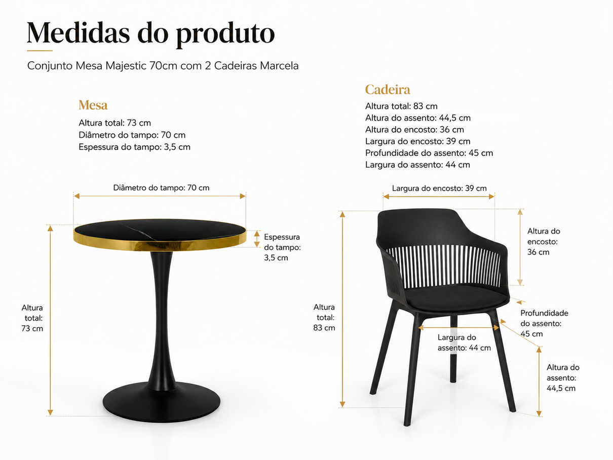 conjunto mesa de jantar redonda majestic 70cm preta com 2 cadeiras estofadas marcela preto magazine decor 3