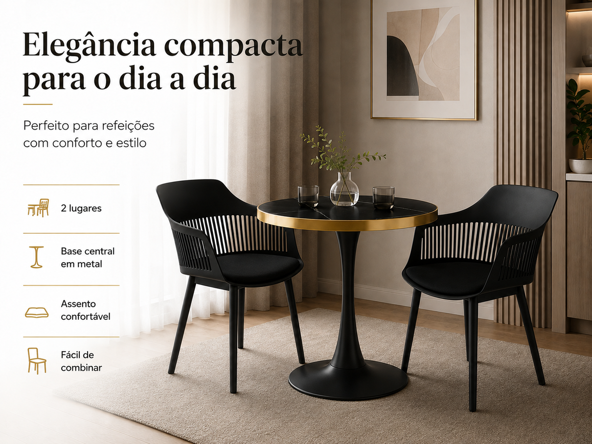 conjunto mesa de jantar redonda majestic 70cm preta com 2 cadeiras estofadas marcela preto magazine decor 1