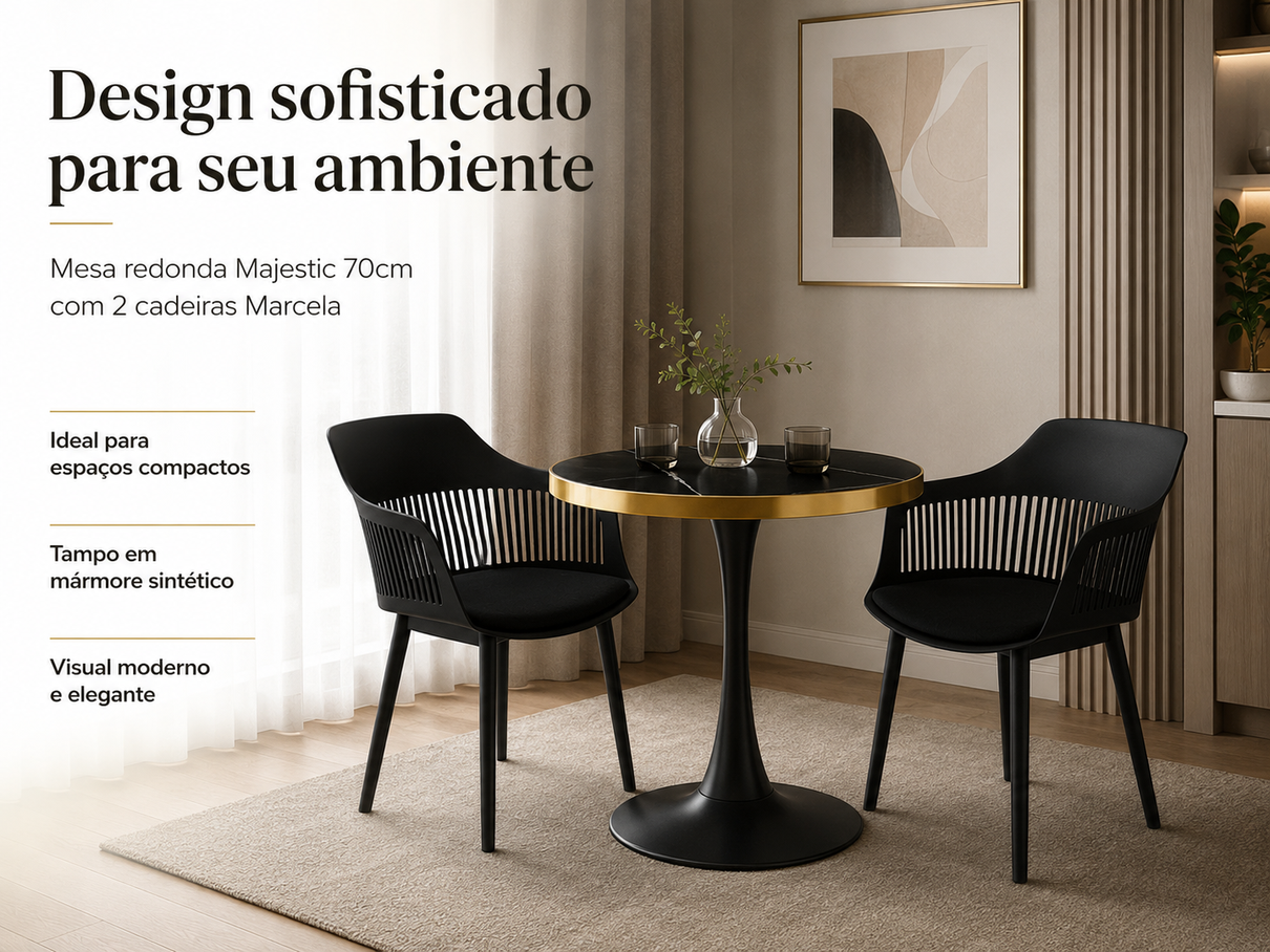 conjunto mesa de jantar redonda majestic 70cm preta com 2 cadeiras estofadas marcela preto magazine decor 4