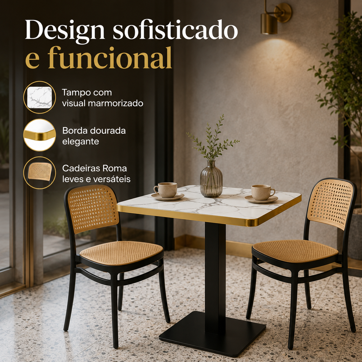conjunto mesa de jantar quadrada venezia 70x70cm branca com 2 cadeiras roma preto magazine decor 2