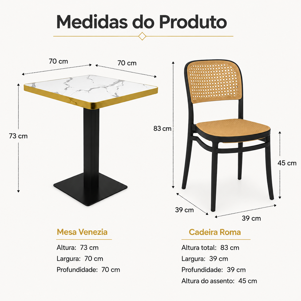 conjunto mesa de jantar quadrada venezia 70x70cm branca com 2 cadeiras roma preto magazine decor 3