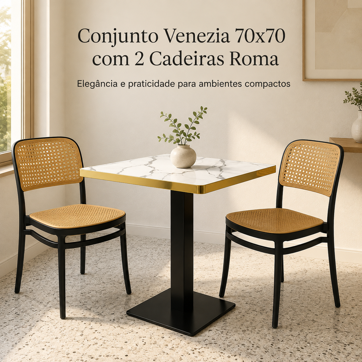 conjunto mesa de jantar quadrada venezia 70x70cm branca com 2 cadeiras roma preto magazine decor 1