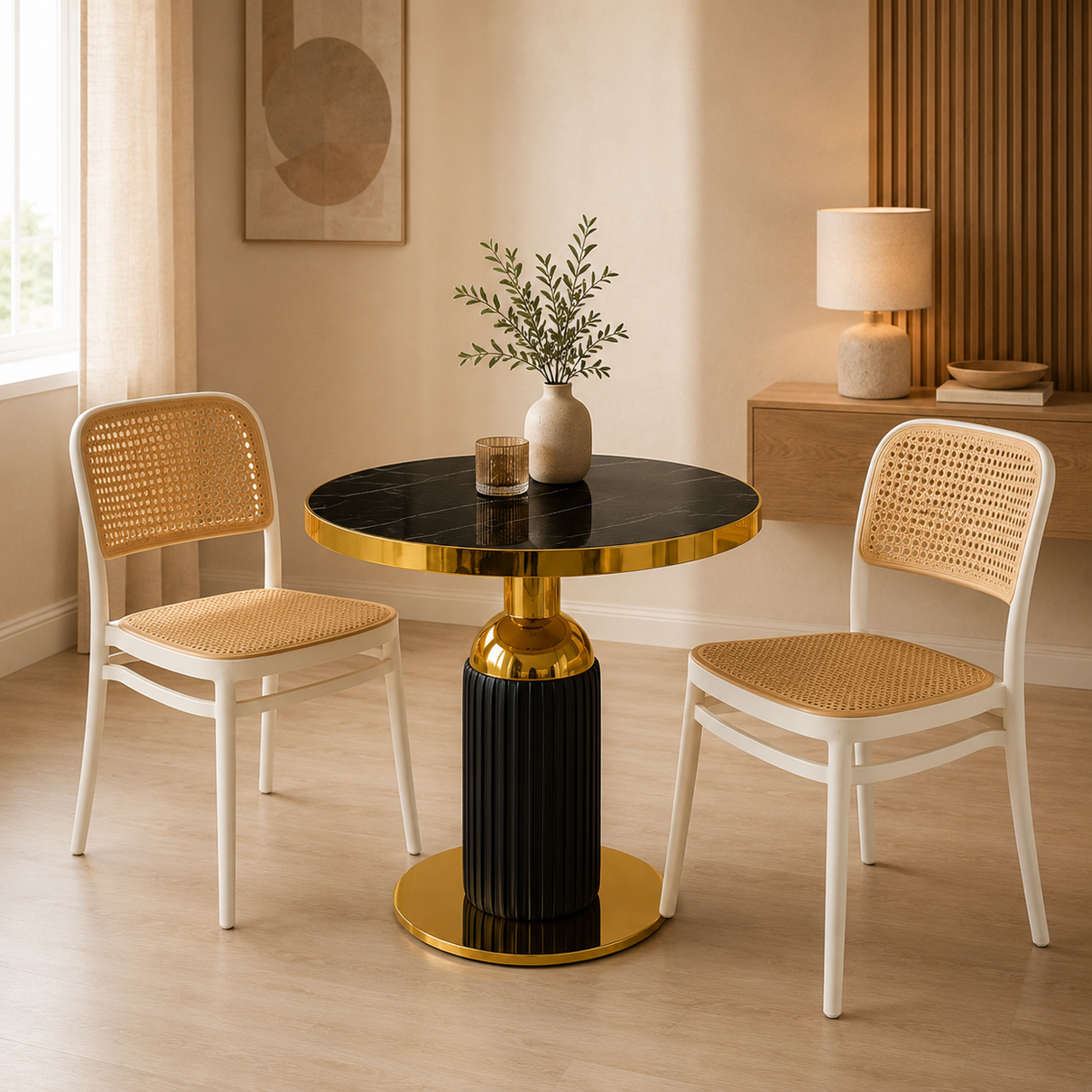 conjunto mesa de jantar redonda imperial 70cm preta com 2 cadeiras roma branco magazine decor 3