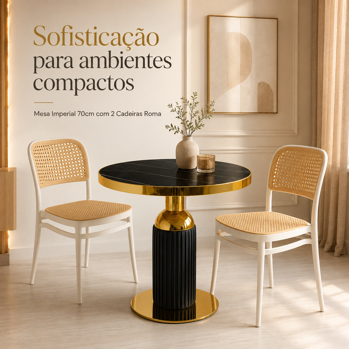 conjunto mesa de jantar redonda imperial 70cm preta com 2 cadeiras roma branco magazine decor 4