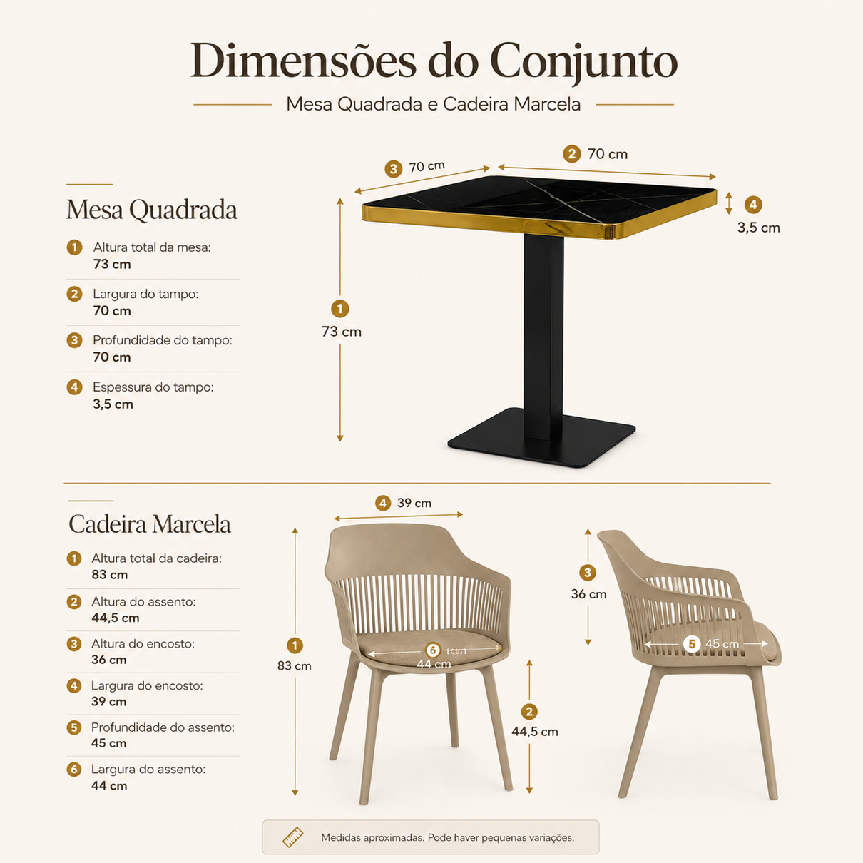 conjunto mesa de jantar quadrada venezia 70x70cm preta com 2 cadeiras estofadas marcela nude escuro magazine decor 1