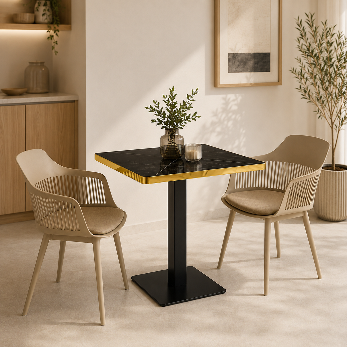conjunto mesa de jantar quadrada venezia 70x70cm preta com 2 cadeiras estofadas marcela nude escuro magazine decor 2