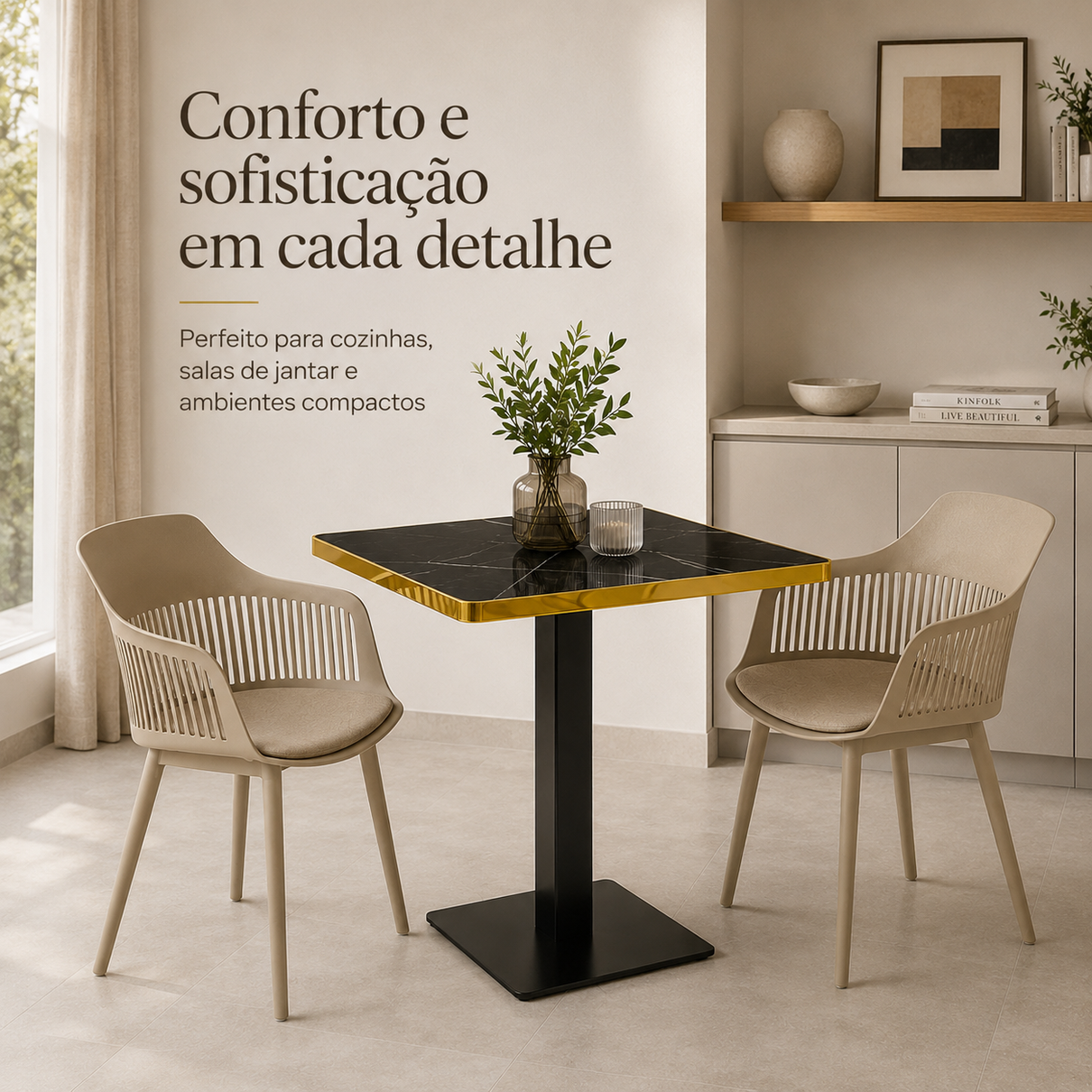 conjunto mesa de jantar quadrada venezia 70x70cm preta com 2 cadeiras estofadas marcela nude escuro magazine decor 4