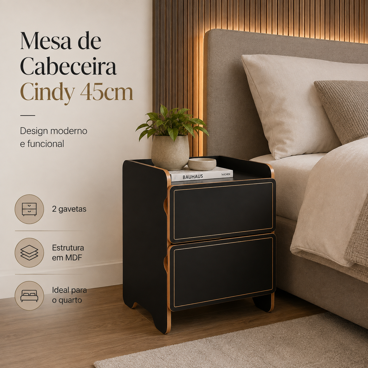 mesa de cabeceira 2 gavetas 45cm cindy preto magazine decor 3