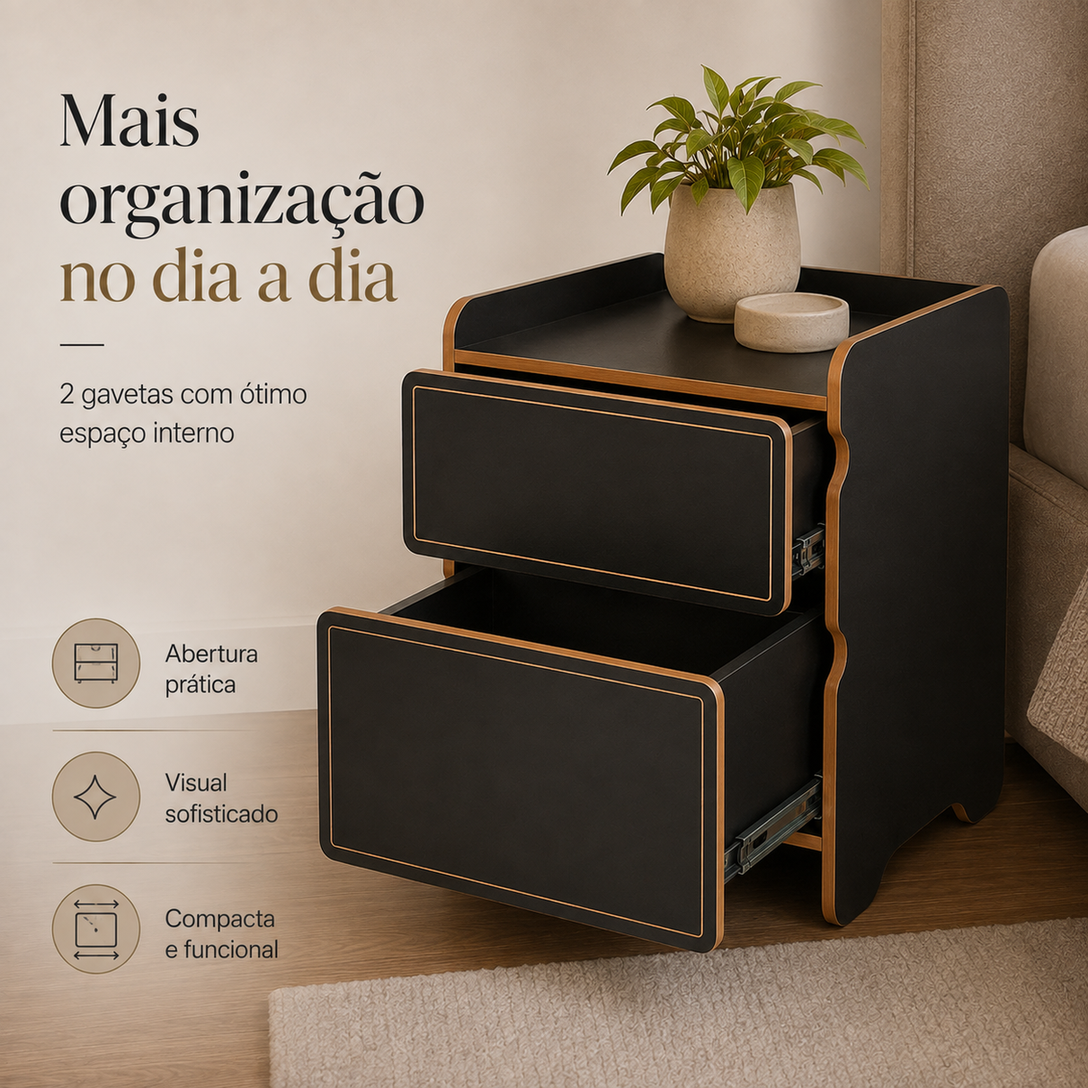 mesa de cabeceira 2 gavetas 45cm cindy preto magazine decor 4