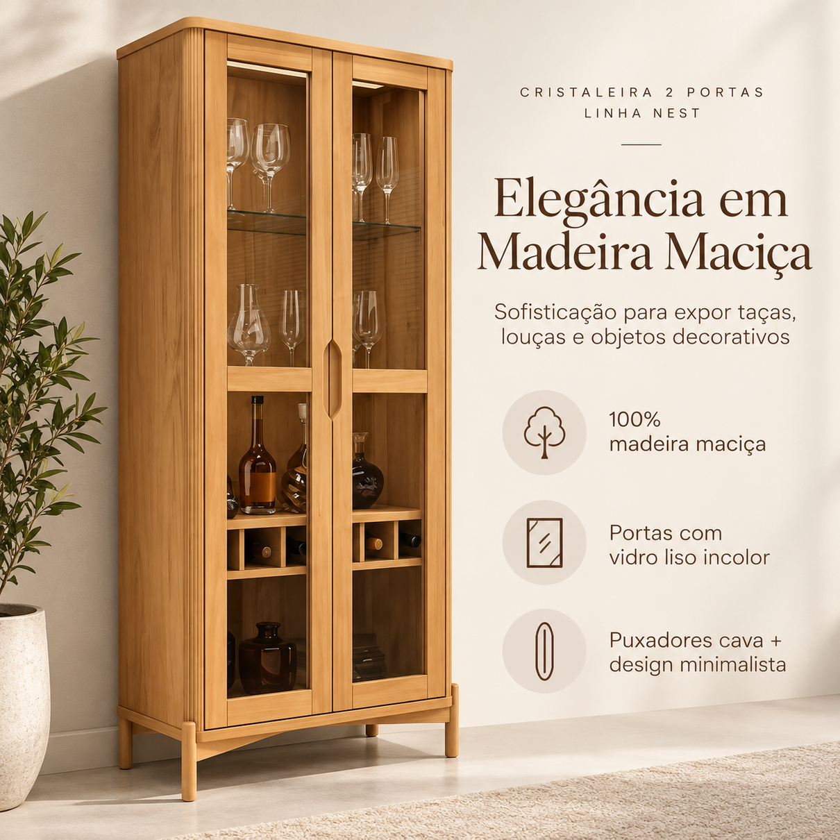 cristaleira 2 portas com vidro e led em madeira macica nest 4