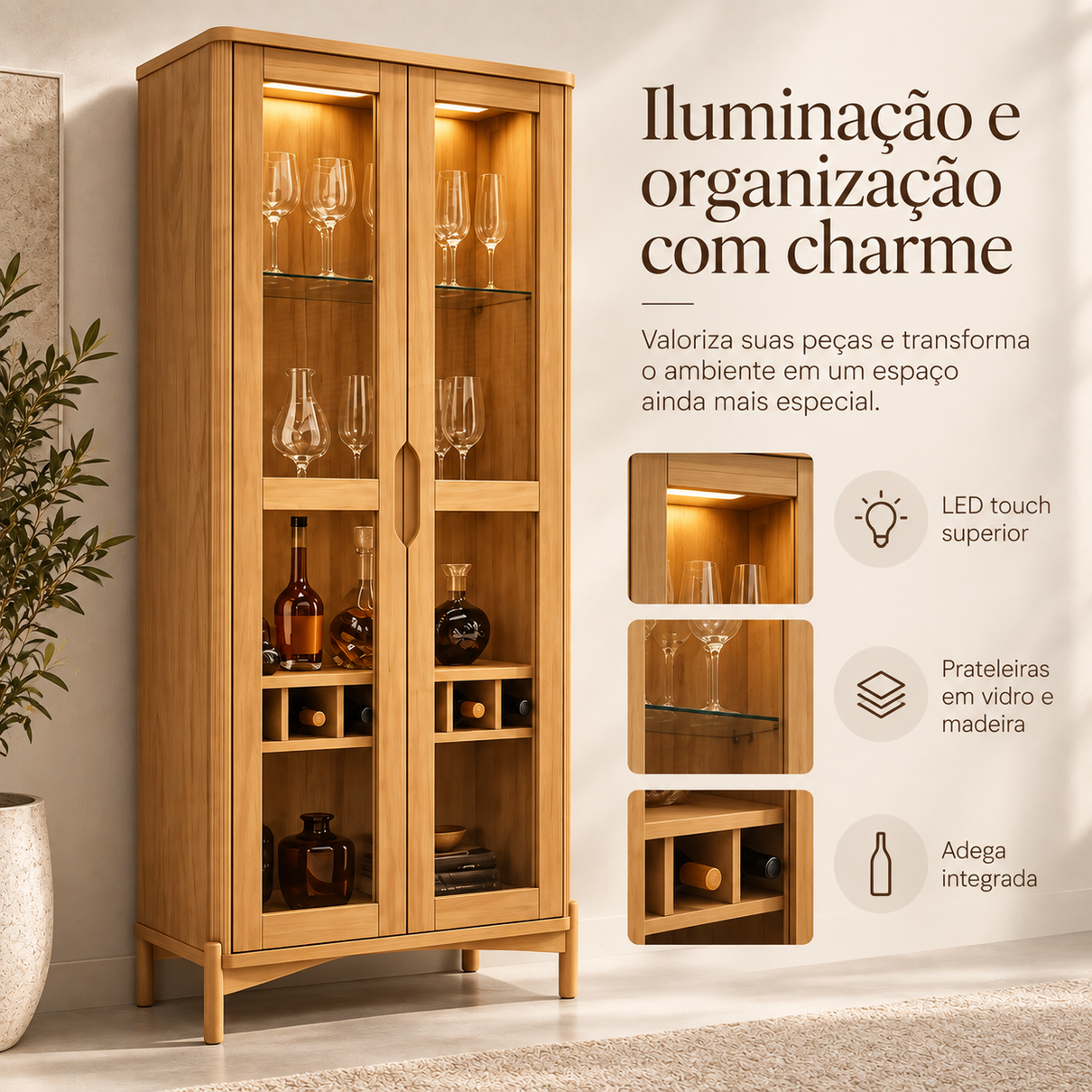 cristaleira 2 portas com vidro e led em madeira macica nest 6