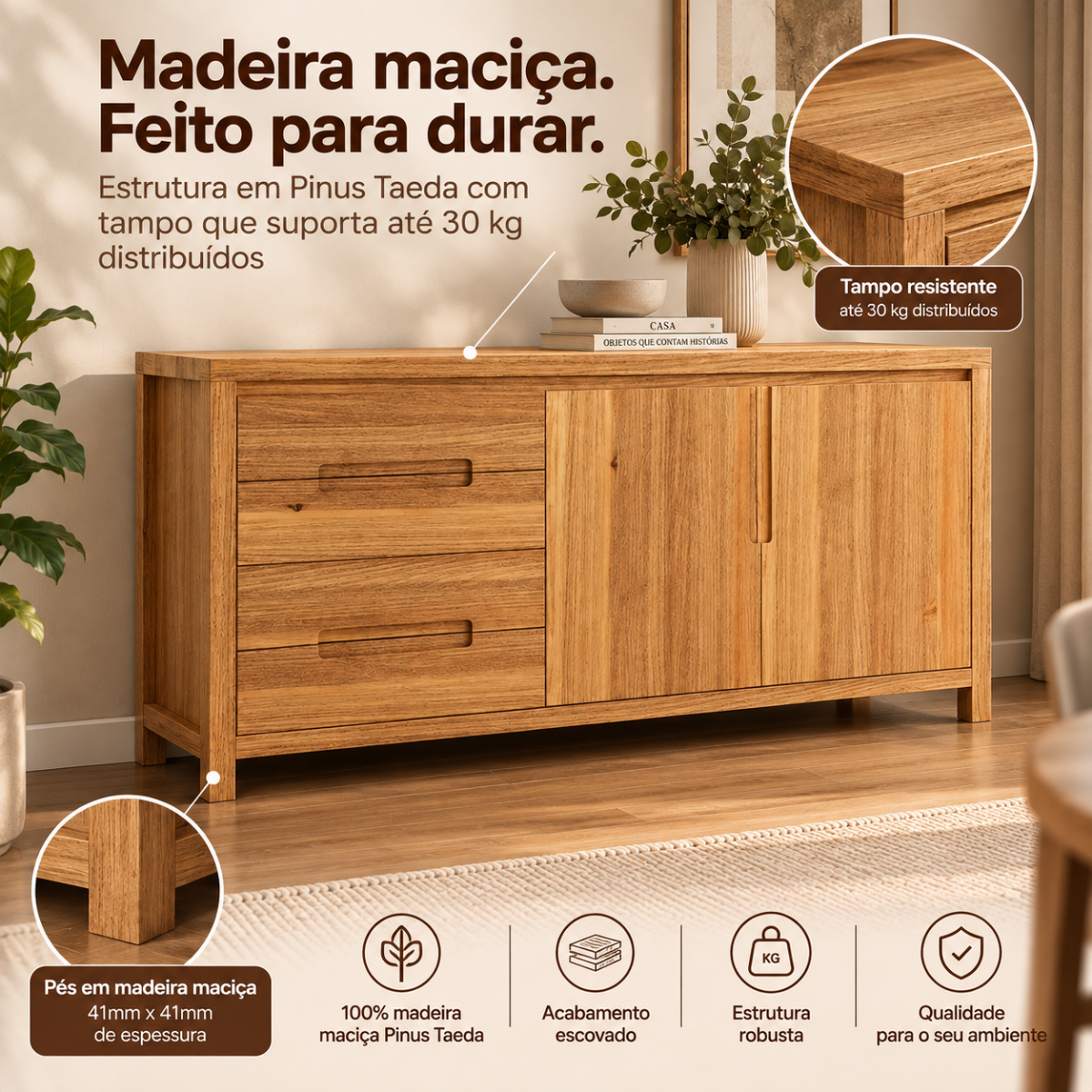 balcao 2 portas 4 gavetas nature em madeira macica rustico claro 7