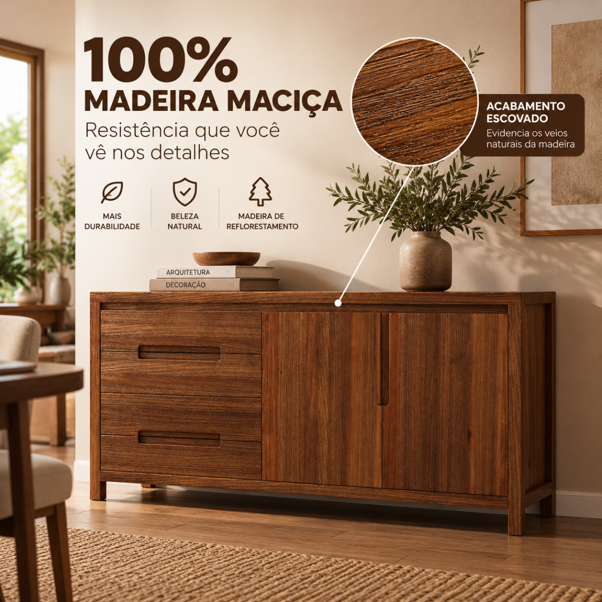 balcao 2 portas 4 gavetas nature em madeira macica rustico escuro 4