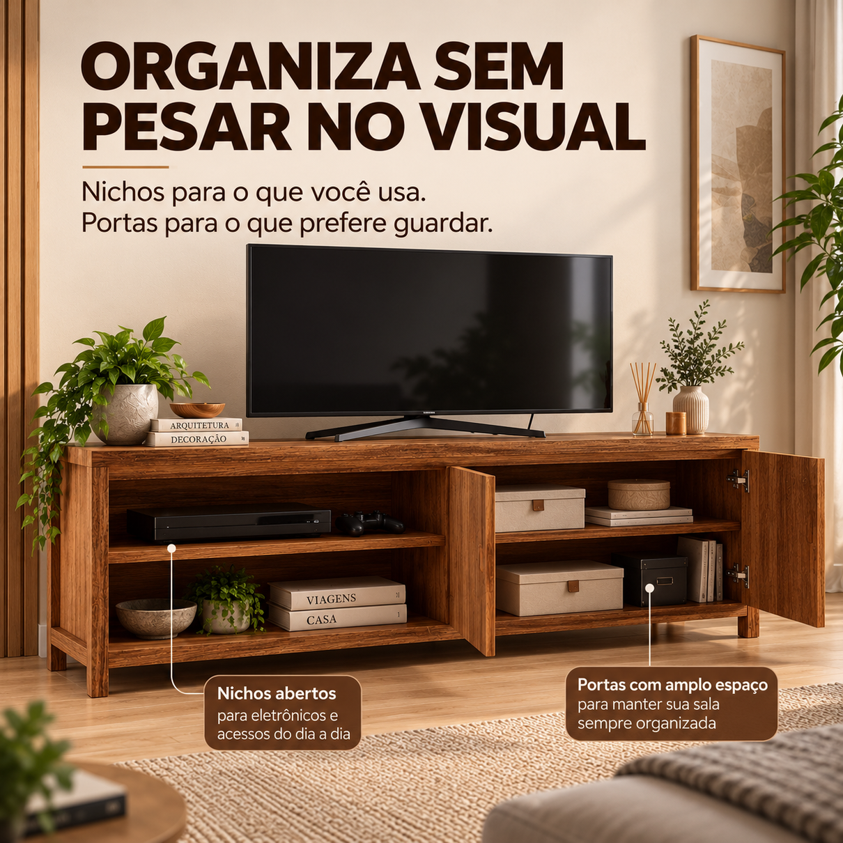 rack para tv 2 portas 180cm nature em madeira macica rustico escuro 6