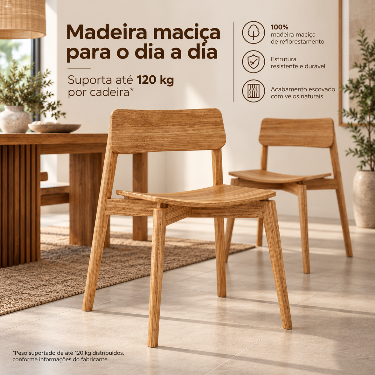 conjunto 2 cadeiras de jantar em madeira macica nature rustico claro 6