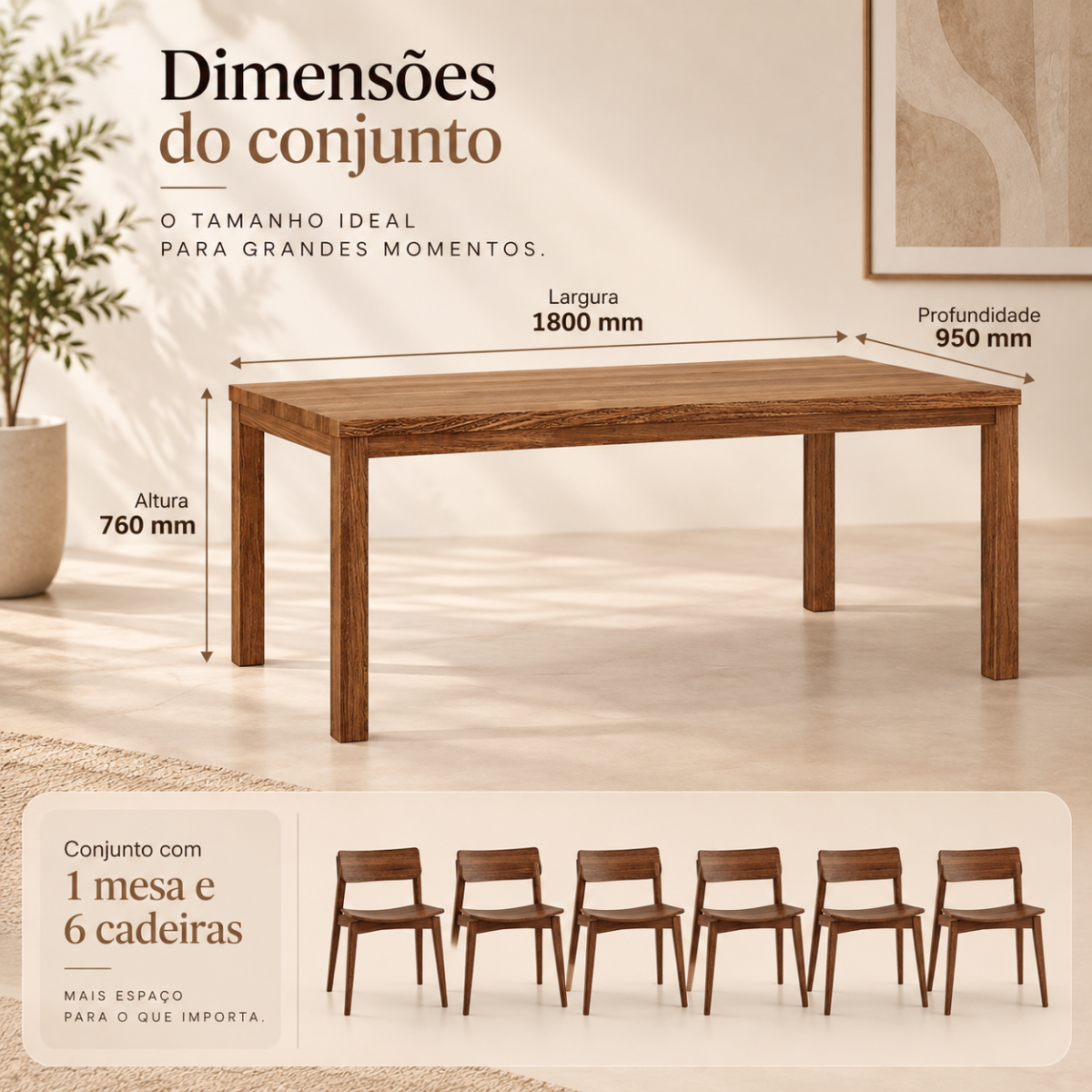 conjunto mesa de jantar retangular 180x95cm rustica escuro com 6 cadeiras em madeira macica rustico escuro 3