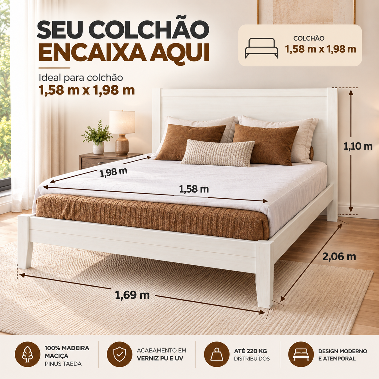cama de casal 1 60m em madeira macica topazio branco 3
