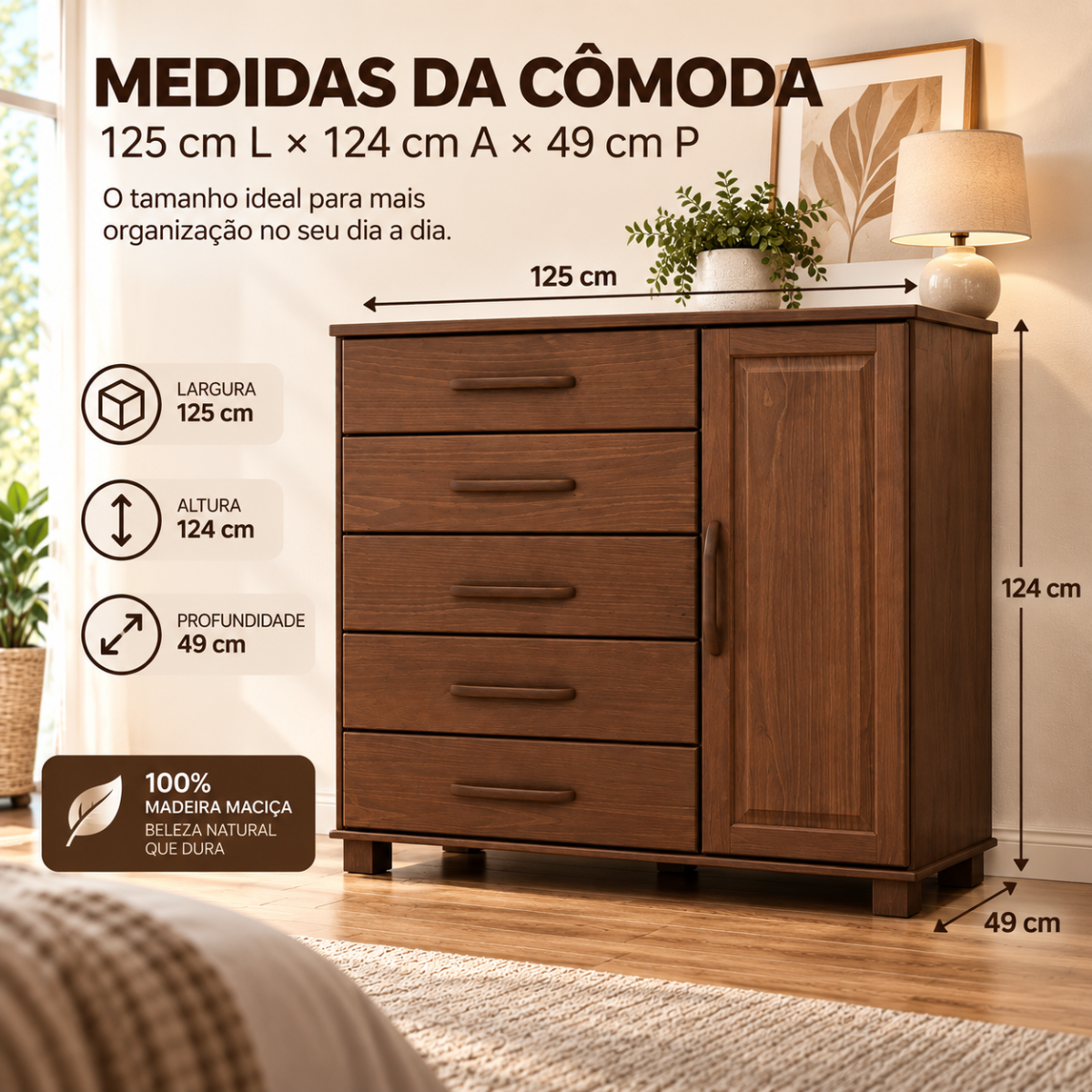 comoda para quartos 5 gavetas 1 porta em madeira macica ouro cafe 3