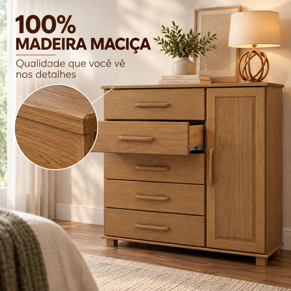 comoda para quartos 5 gavetas 1 porta em madeira macica ouro freijo 4