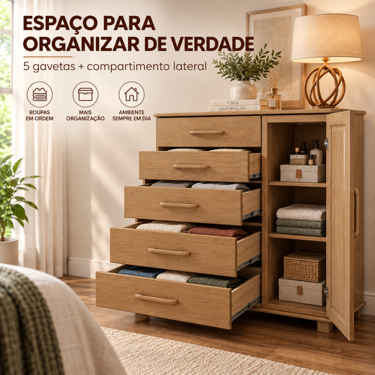 comoda para quartos 5 gavetas 1 porta em madeira macica ouro freijo 5