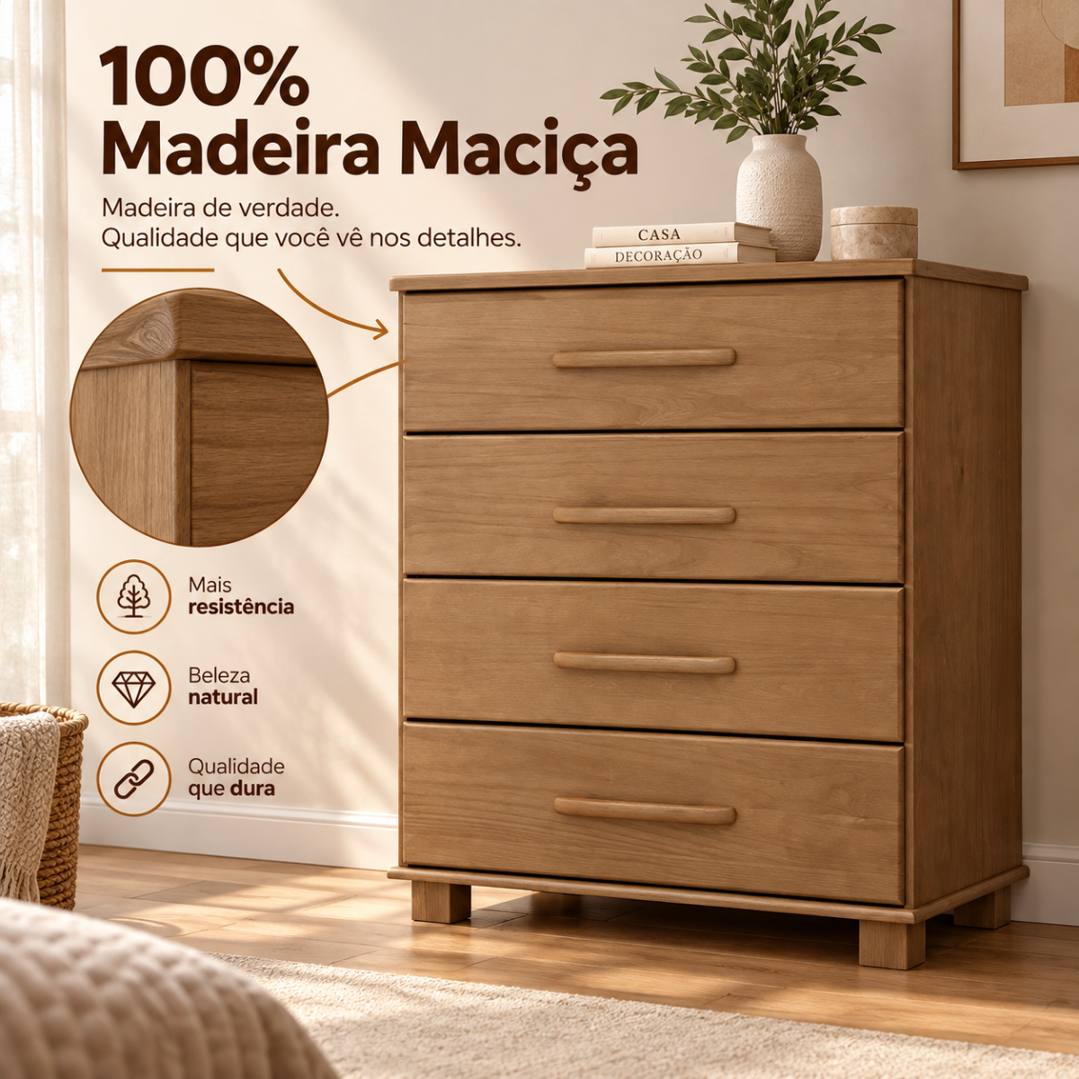 comoda para quartos 4 gavetas em madeira macica ouro freijo 4