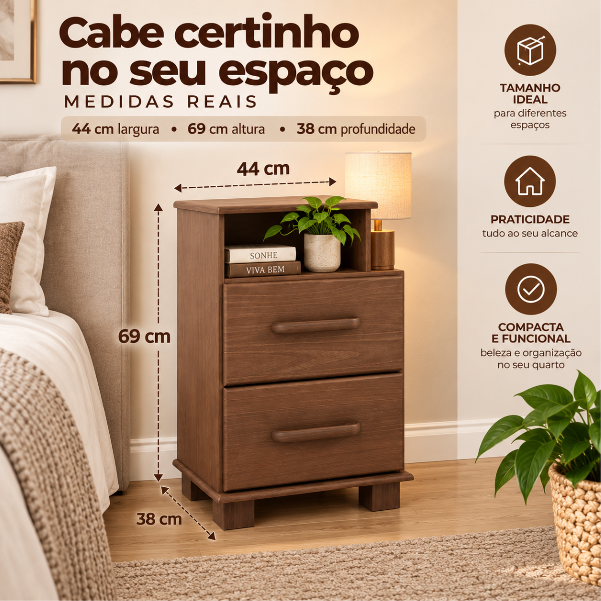 mesa de cabeceira 2 gavetas com nicho ouro em madeira macica cafe 3