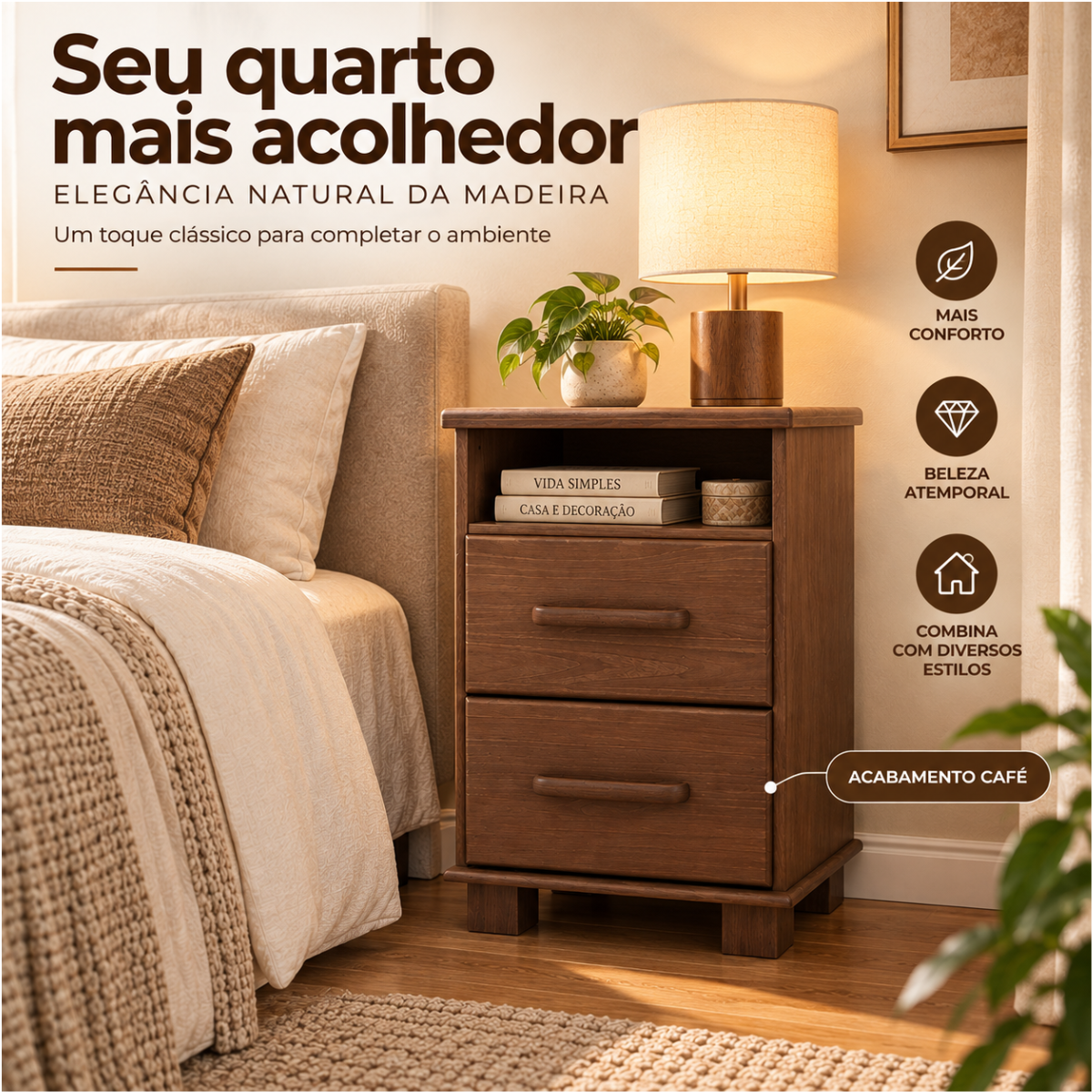 mesa de cabeceira 2 gavetas com nicho ouro em madeira macica cafe 6