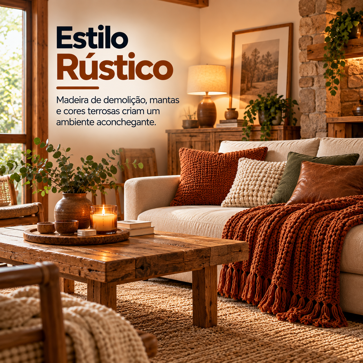 sala rustica aconchegante com madeira e texturas